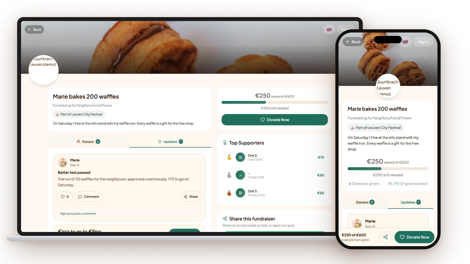 Persoonlijke actiepagina van een supporter die 200 wafels bakt, op laptop en smartphone