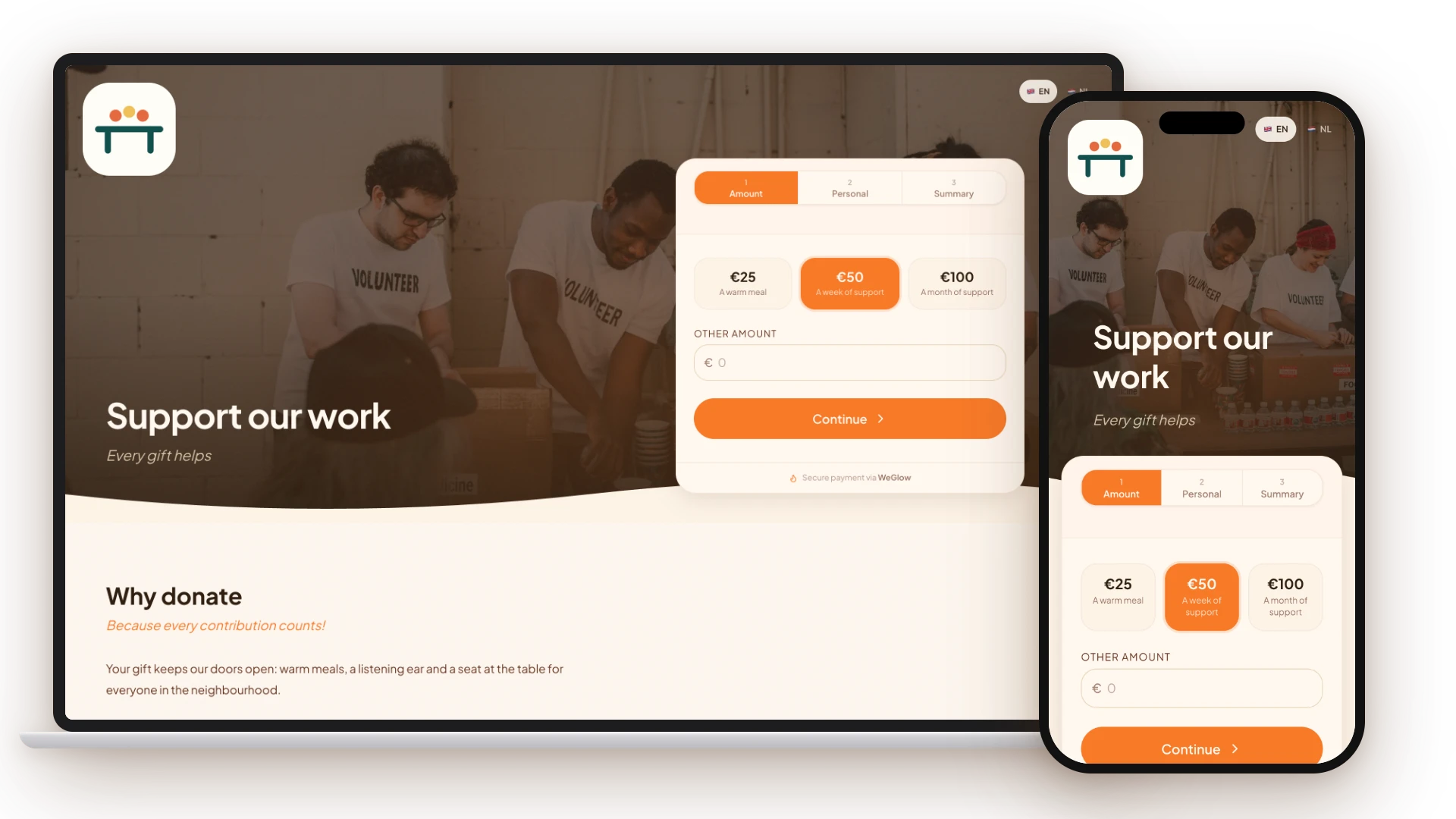 Donatiepagina van een non-profit met bedragkeuze, op laptop en smartphone