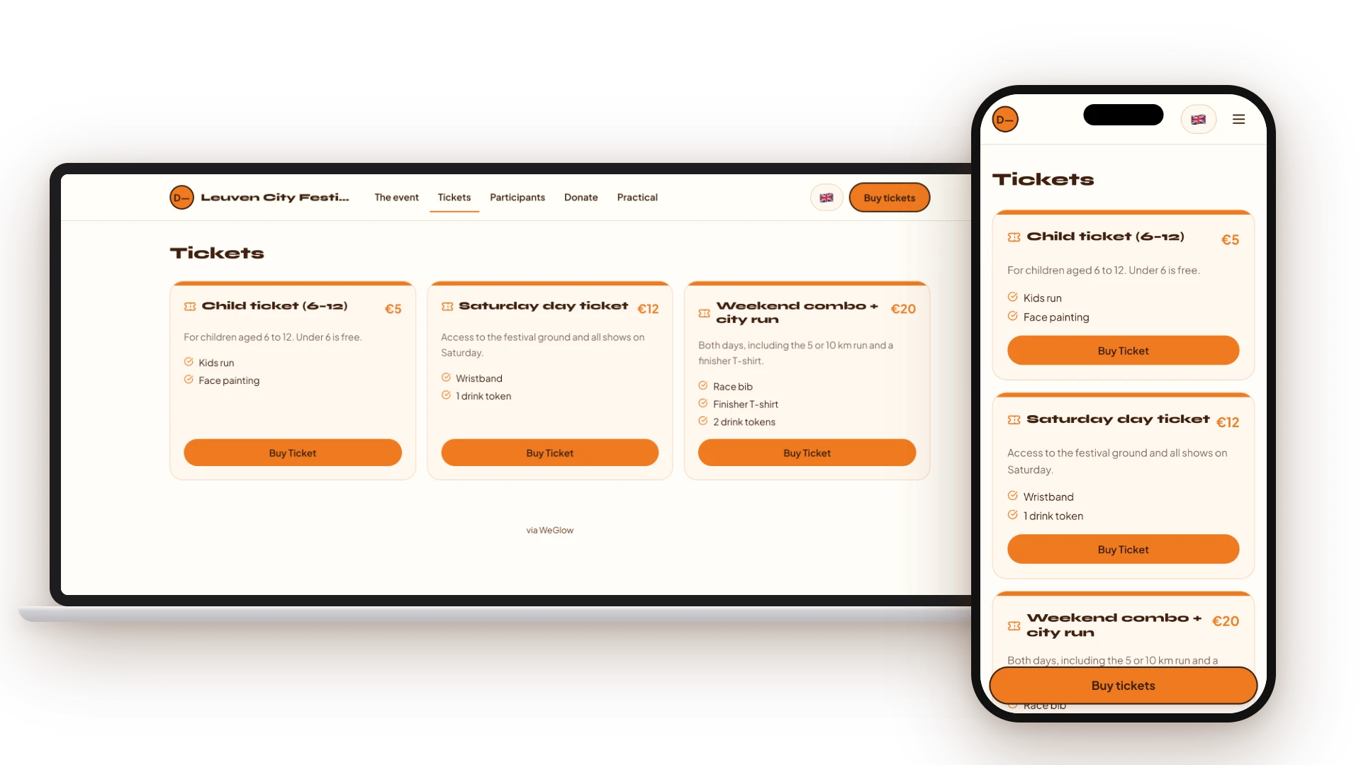Tickettypes van een evenement (€5, €12 en €20) op laptop en smartphone